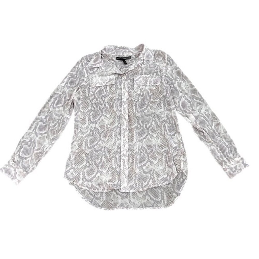 White House Black Market Sheer Button Up Snake Skin Print Top Pink White Size 4